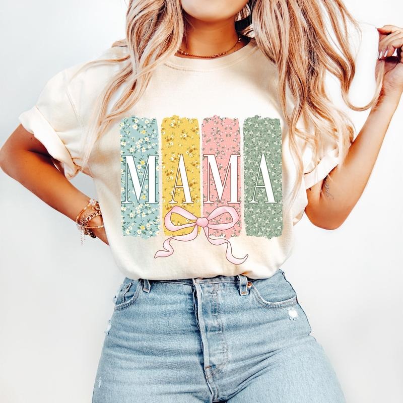 Floral Mama Coquette Bow T-shirt, Mothers Day T-shirt, Mama Varsity T-shirt, Floral Spring T-shirt, Gift for Mom, Mother, Boho Mama Shirt Design