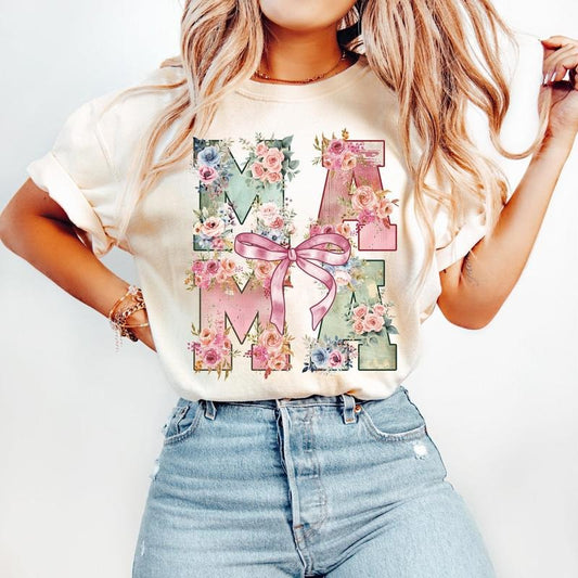 Floral Mama Coquette T-Shirt, Mama Flowers T-Shirt, Mothers Day T-Shirt, Retro Mama T-Shirt, Preppy Mama T-Shirt, Varsity Mama T-Shirt, Mama Bow T-Shirt, Cute Mama