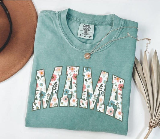 Floral Mama Shirt, Comfort Colors Mom Spring Tee, Trendy Mom Tshirt, Women's Flower Mama Shirt, Spring Pregnancy Reveal Gift for New Mom