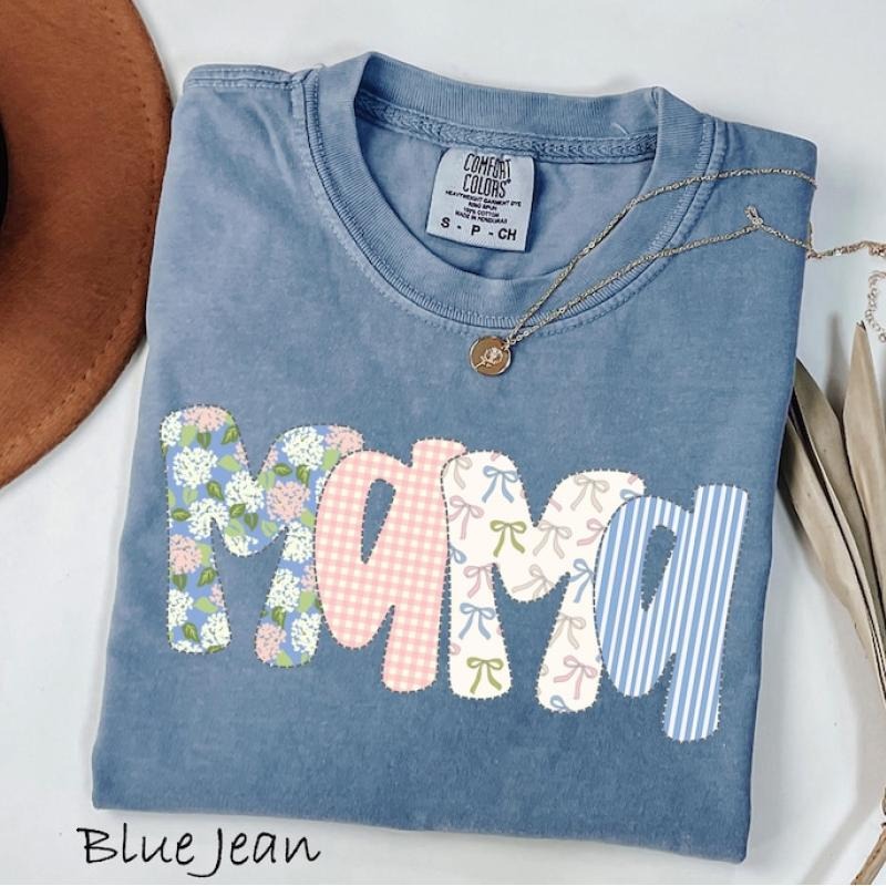 Floral Mama Shirt, Mom Spring Tee, Trendy Mom Tshirt, Women's Flower Mama Shirt, Pregnancy Reveal Gift, Blue Pink Bow...