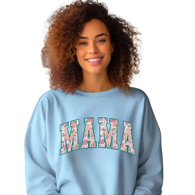 Floral Mama Teal Print Crewneck Sweatshirt T-Shirts, Hoodie | DripVista.com