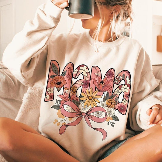 Floral Mama Vinatge Sweater, Retro Coquette Mama Bow Tee, Mama Groovy Shirt, Mothers Day Gift, Gift for Mom