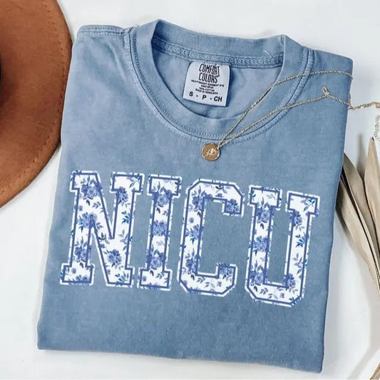 Floral NICU Nurse T-Shirt, Comfort Colors Neonatal Intensive Care Unit Tshirt, Preppy ICU Nurse Week Gift, Floral Pediatric Doctor Crewneck