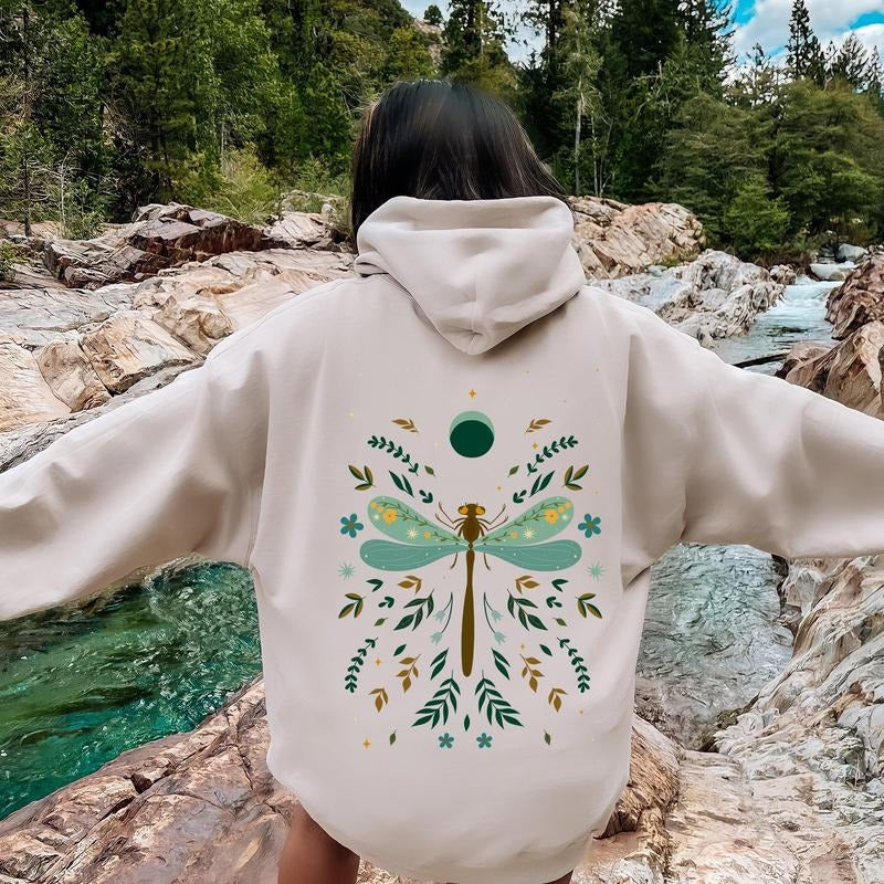 Floral Night Sky, Dragonfly, Moon, and Blooms Hoodie T-Shirts, Sweatshirt | DripVista.com