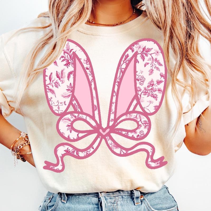Floral Pink Toile Chinoiserie bunny T-Shirt, Bunny coquette bow T-Shirt, easter T-Shirt, easter coquette T-Shirt, spring T-Shirt, bunny ears