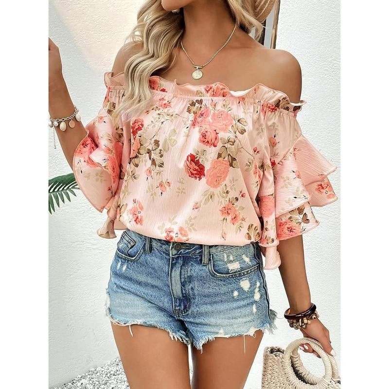 Floral Print Blouse Off Shoulder Ruffle Trim Half Sleeve Summer TopsY2K T-Shirts, Hoodie, Sweatshirt | DripVista.com