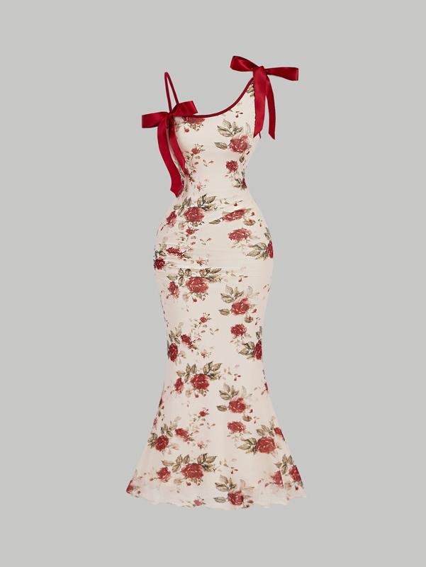Floral Print Bowknot Bodycon Maxi Dress Sleeveless Asymmetric Strap Fishtail Dress Womenswear Asymmetrical T-Shirts,...