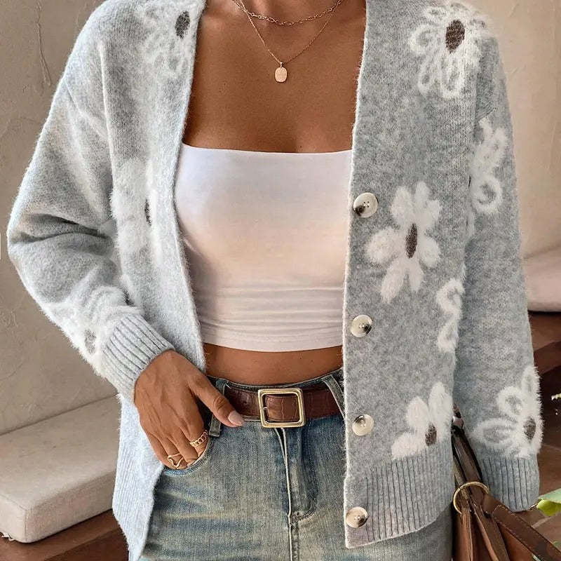 Floral Print Button Down Cardigan V Neck Drop Shoulder Knit Outerwear T-Shirts, Hoodie, Sweatshirt | DripVista.com