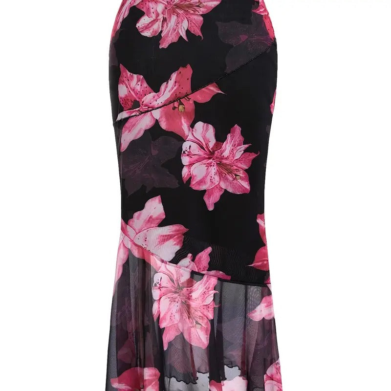 Floral Print High Waist Bodycon Ruffle Hem Fishtail Long Skirt T-Shirts, Hoodie, Sweatshirt | DripVista.com