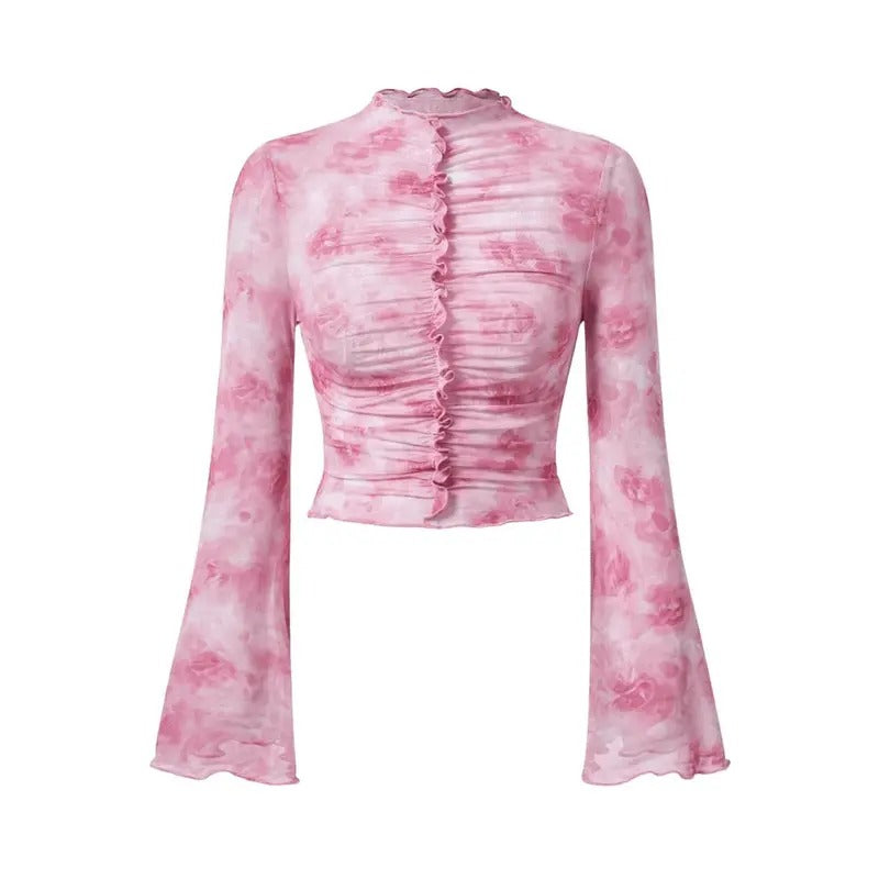 Floral Print Mesh Tee Top Mock Neck Flare Long Sleeve Frill Trim Crop T Shirt Hoodie, Sweatshirt | DripVista.com