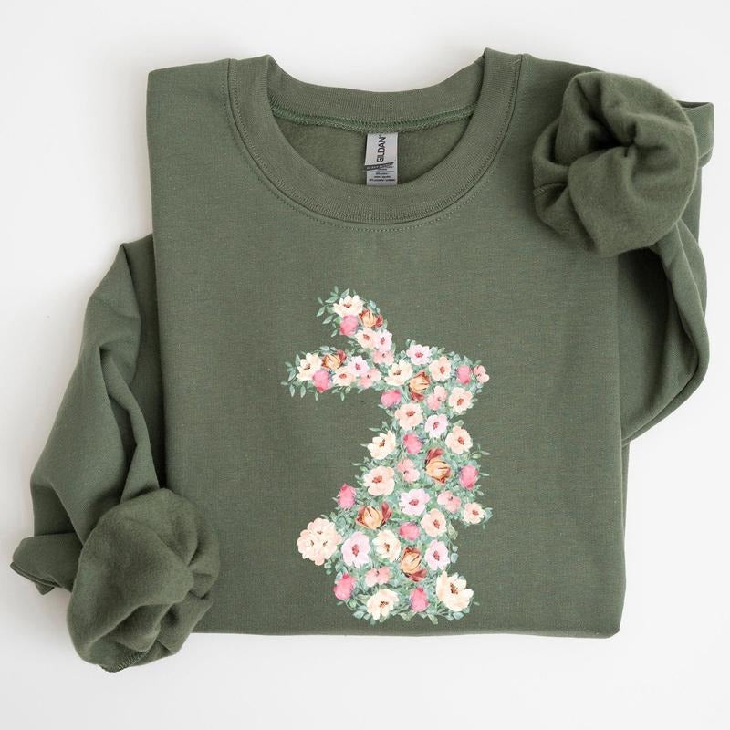 Floral Print Rabbit, Bunny, Easter Sweatshirt, Women's Crew Neck, Crewneck T-Shirts, Hoodie | DripVista.com