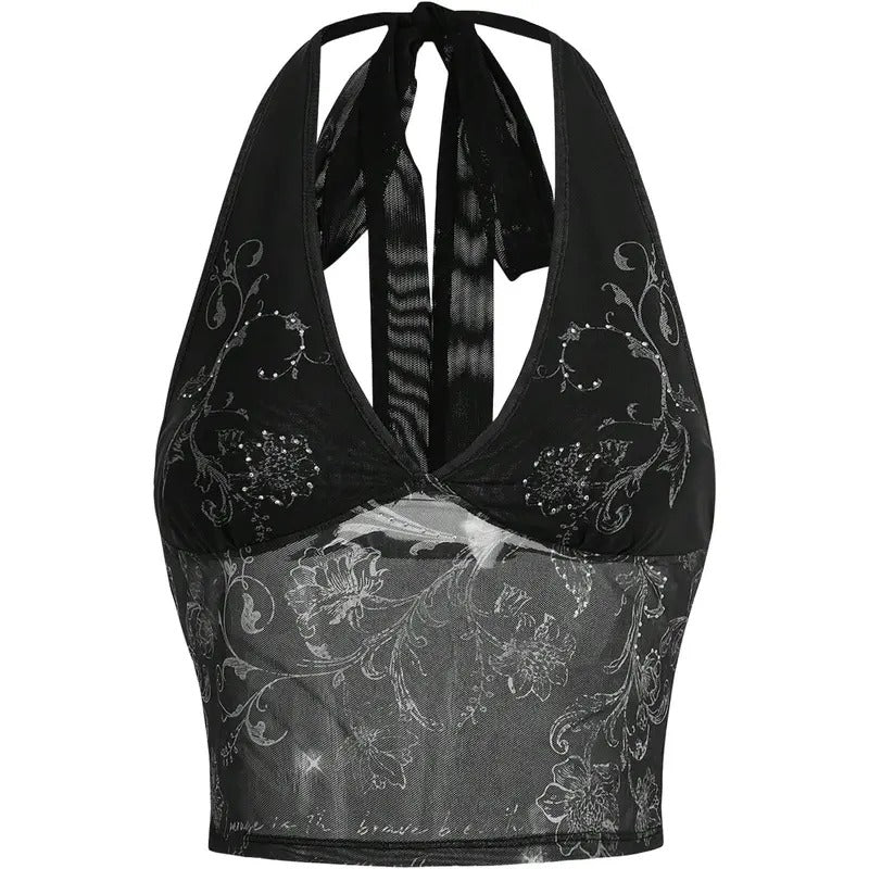 Floral Print Rhinestone Y2K Halter Top Sleeveless Tie Backless Fitted Summer Crop Tops T-Shirts, Hoodie, Sweatshirt