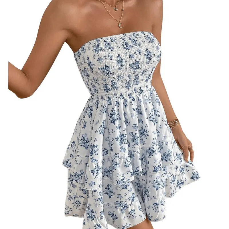 Floral Print Ruffle Hem Tiered Layer Backless Shirred Tube A Line Dress T-Shirts, Hoodie, Sweatshirt | DripVista.com