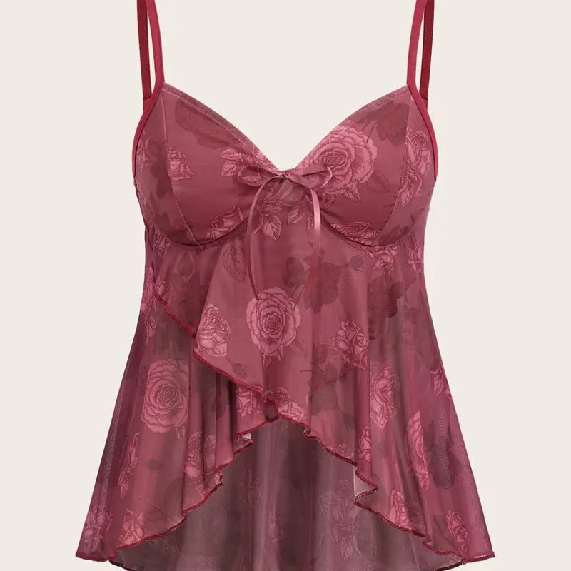 Floral Print Spaghetti Strap Asymmetrical Ruffle Hem Cami Flower Top T-Shirts, Hoodie, Sweatshirt | DripVista.com
