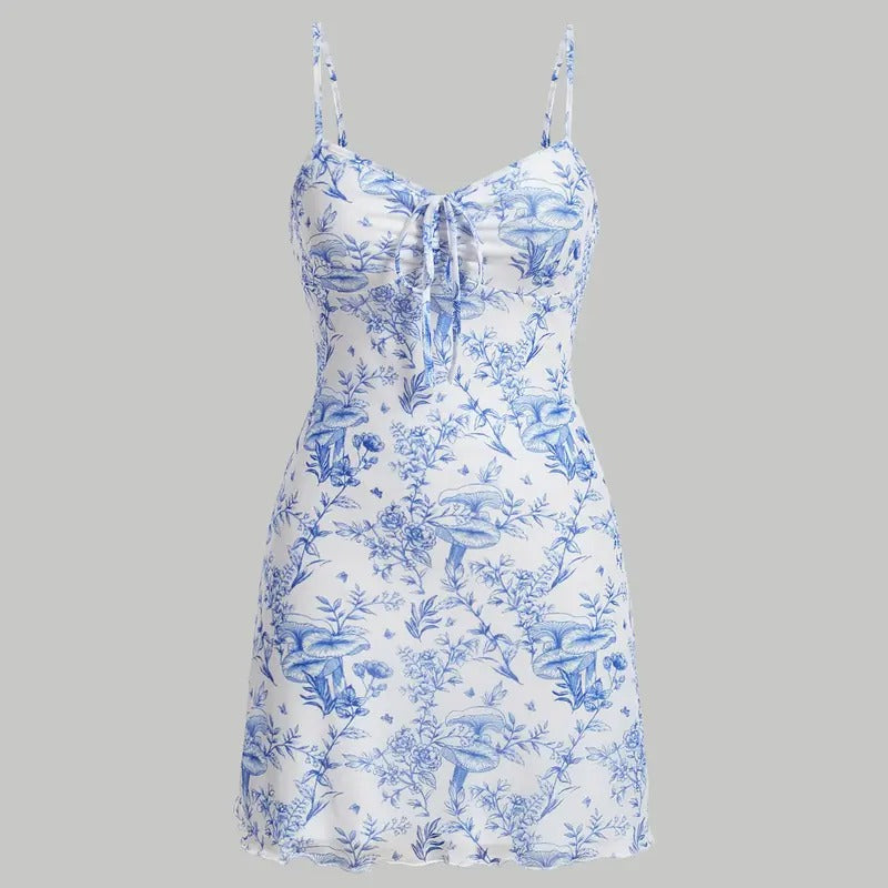 Floral Print Tie Front Spaghetti Strap Cami Dress V Neck Flare Mini Sun Dresses T-Shirts, Hoodie, Sweatshirt | DripVista.com