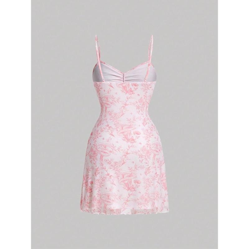 Floral Print Tie Front Spaghetti Strap Cami Dress V Neck Flare Mini Sun DressesY2K T-Shirts, Hoodie, Sweatshirt