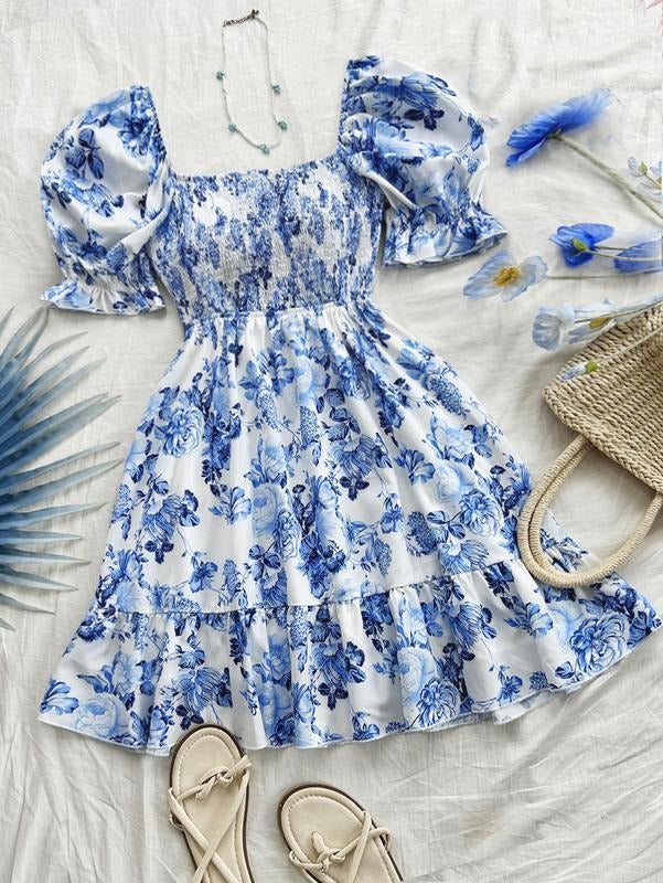 Floral Puff Short Sleeve A Line Dress Ruffle Hem Boho Dresses Casual Comfy Sundress Summer Outfits T-Shirts, Hoodie,...