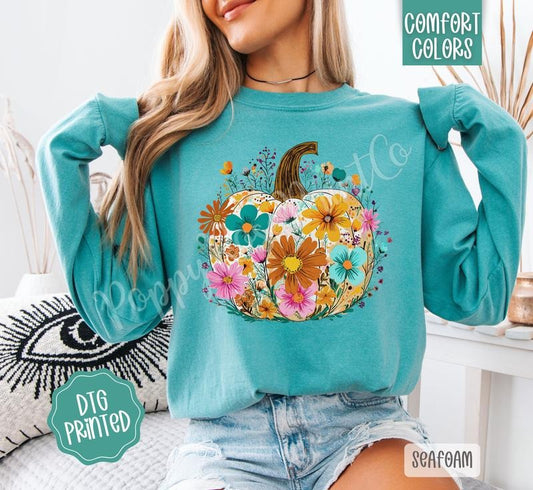 Floral Pumpkin Comfort Colors Long Sleeve T-Shirt, Cute Women's Fall Tee