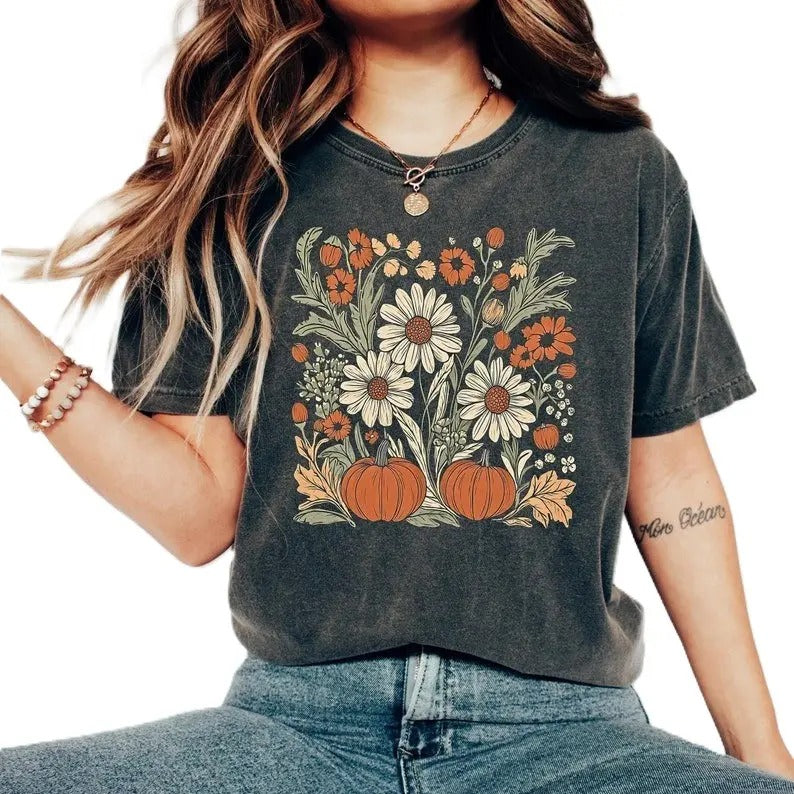 Floral Pumpkin Fall T-Shirt, Flower Pumpkin T-Shirt, Aesthetic Fall Graphic Tees, Pumpkin Patch T-Shirt, Boho Pumpkin ...