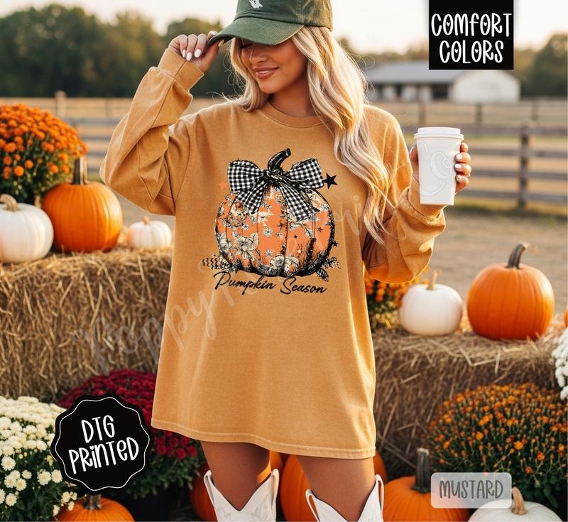 Floral Pumpkin Season Comfort Colors Long Sleeve T-Shirt, Cute Women's Fall Tee