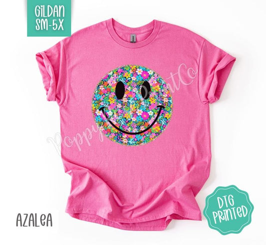 Floral Smiley Gildan Shirt, Cute Summer Tshirt, Trendy Flower Tee, Gift for Her