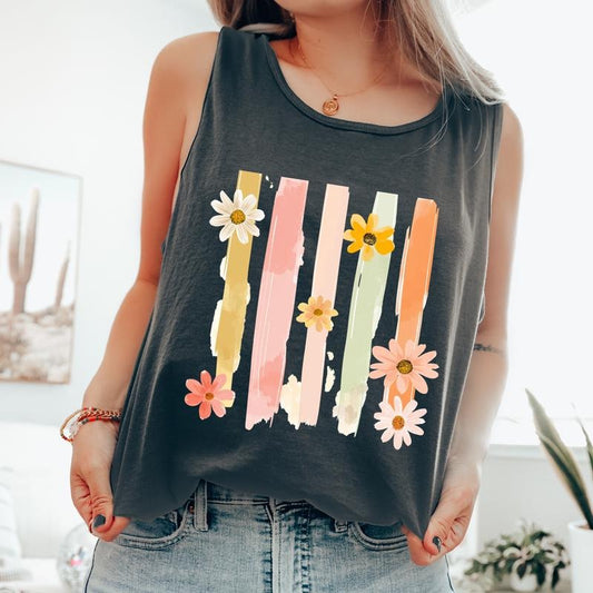 Floral Stripes, Minimalist, Flowers, Gorgeous Comfort Colors Tank Top, Women's Comfort Colors Tank Top
