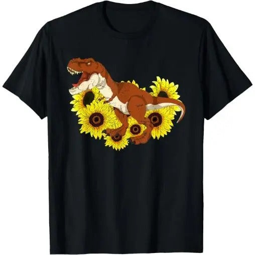 Floral Sunshine Yellow Flowers T-Rex Sunflowers Dinosaur T-Shirt Made in USA