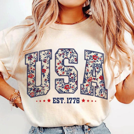 Floral USA Comfort Colors Tee, Retro America Tshirt, 4th Of July Tee, 4th Of July Shirt, Gift for Best Friend, Gift for Him & Her - Unisex, Crew Neck, Top