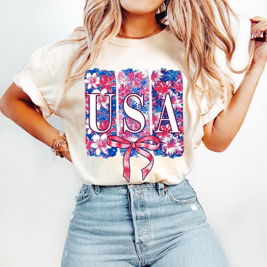 Floral USA Coquette T-Shirt, America Brushstroke T-Shirt, Memorial Day T-Shirt, 4th of July T-Shirt, Preppy America T-Shirt, Land of the Free, 1776 T-Shirt
