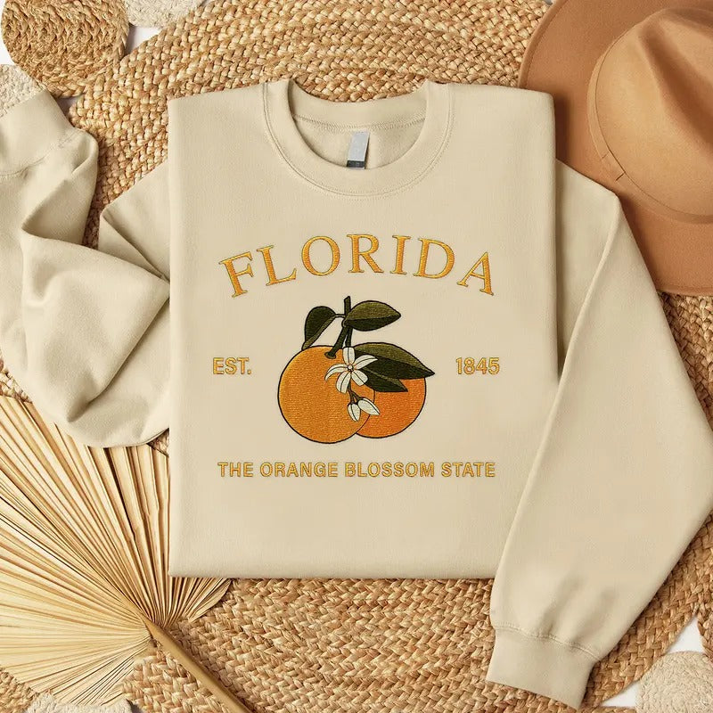 Florida Orange Blossom Embroidered State Flower Sweatshirt, Hometown Embroidered Shirt, Favorite Flower Embroidered Shirt