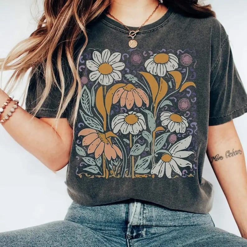 Flower Boho Vintage Inspired Art Deco Nouveau Wildflowers Tshirt Hippie Botanical Graphic Tee Casual Cotton Crewneck...