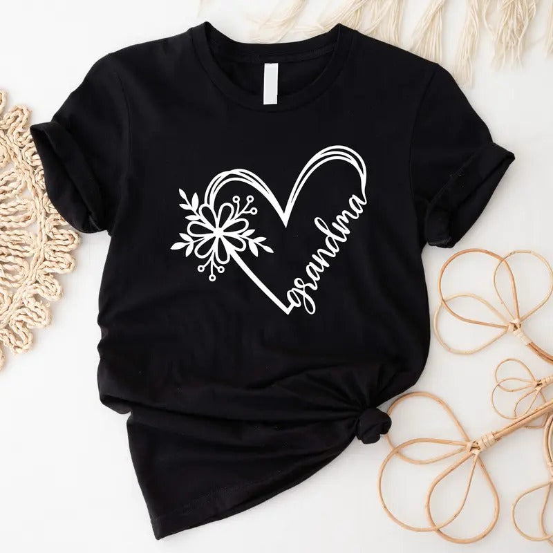 Flower Heart Grandma Shirt, Grandmother Birthday Gift T-shirt, Grammy Valentine Tee, New Grandma Short Sleeve, Nana Mother's Day Tee.
