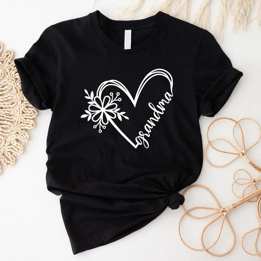 Flower Heart Grandma Shirt, Grandmother Birthday Gift T-shirt, Grammy Valentine Tee, New Grandma Short Sleeve, Nana Mother's Day Tee.