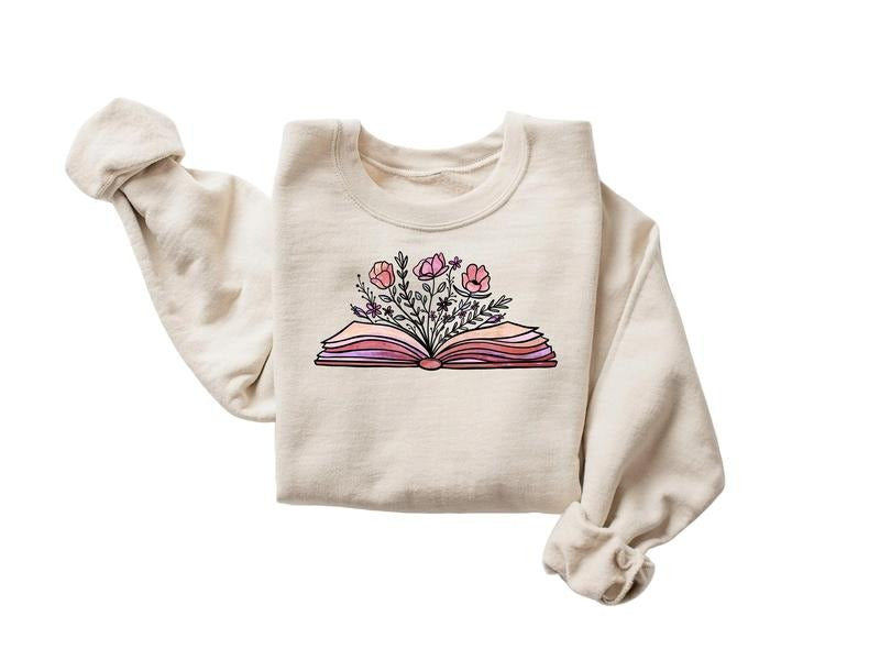 Flowers Book Sweatshirt, Bookworm Sweatshirt, Bookish Sweatshirt, Reading Shirt, Gift For Book Lover, Book Club...