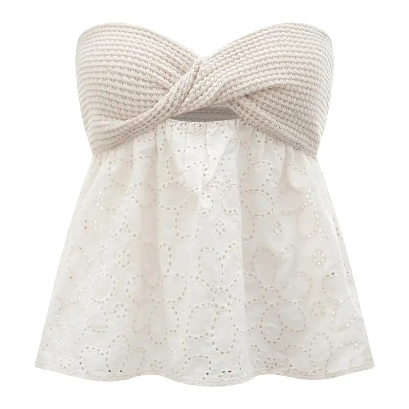 Flowy Tube Top Twist Front Cut Out Eyelet Strapless Embroidery Bandeau T-Shirts, Hoodie, Sweatshirt | DripVista.com