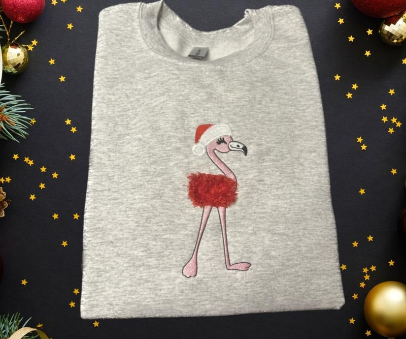 Fluffy Christmas Flamingo Embroidered Crewneck Sweatshirt T-Shirts, Hoodie | DripVista.com
