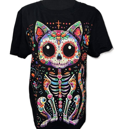 Fluorescent Cat T-Shirt with Colorful Skeleton Design for Men and Women Top Shortsleeve Crewneck Tshirt