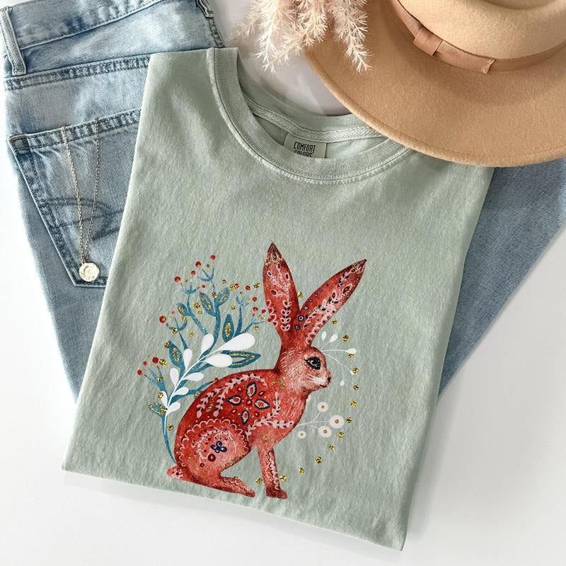 Folk Art Rabbit, Easter, Scandinavian Comfort Colors Tshirt, Women's Crew Neck, Crewneck Hoodie, Sweatshirt | DripVista.com