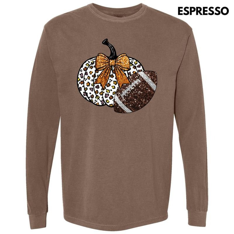 Football & Pumpkin FAKE Glitter Long Sleeve Comfort Colors T-Shirt 'NLB' Hoodie, Sweatshirt | DripVista.com