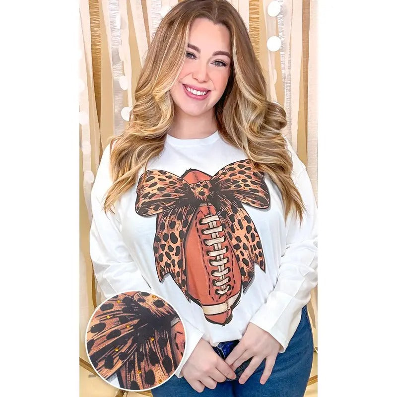 Football Cheetah Bow Rhinestone Graphic Long Sleeve Shirt Hoodie, Sweatshirt | DripVista.com