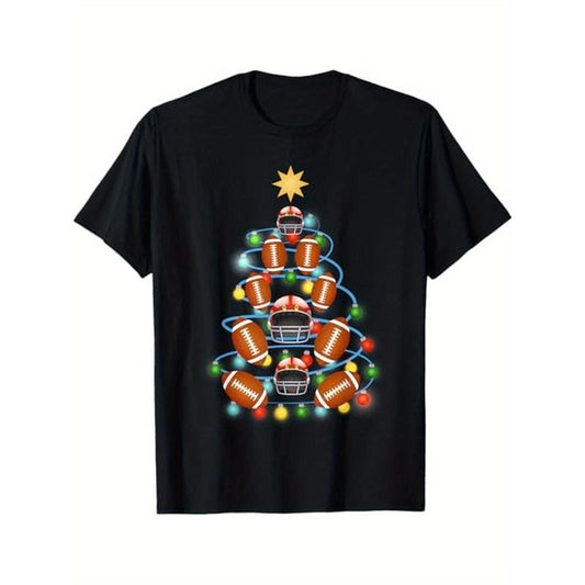 Football Christmas Tree Lights-Cute Football Christmas Gift T-Shirt Men's casual T-shirt 100% cotton, men's gift, Dad, husband, Grandpa, S-XXXL, black made in usa