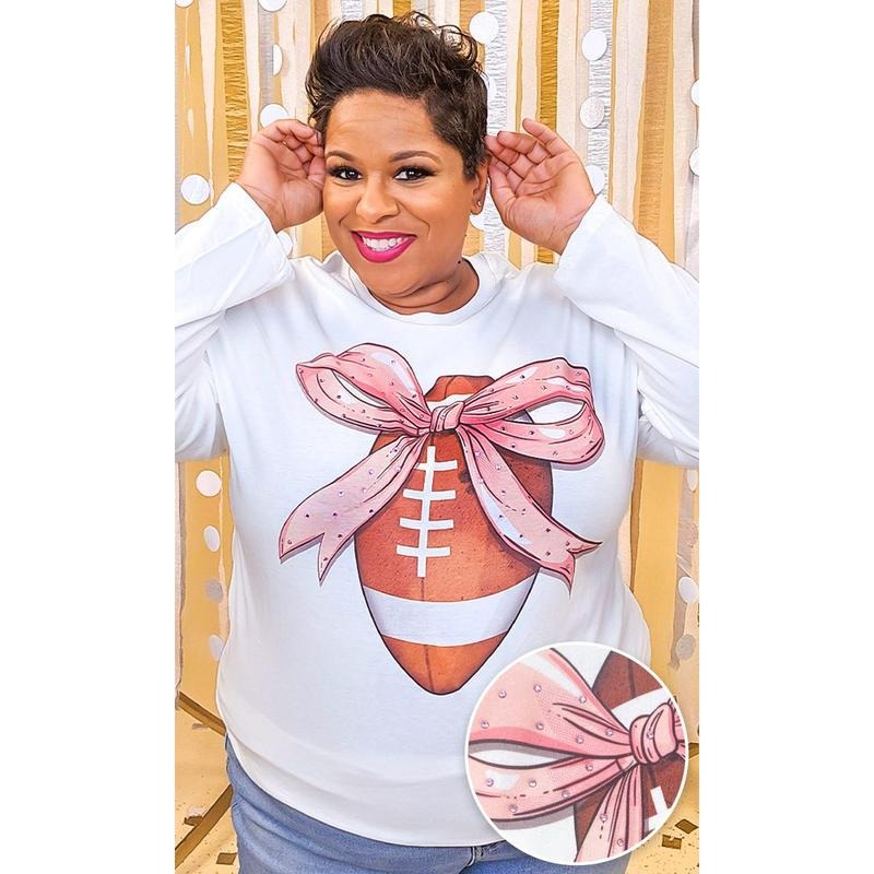 Football Pink Bow Rhinestone Graphic Long Sleeve Shirt Hoodie, Sweatshirt | DripVista.com