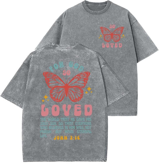 For God So Loved Unisex Washed T-Shirt, Christian t shirts, Vintage 90s Graphic Tee, Gift Top Womenswear Cotton Mineral Color