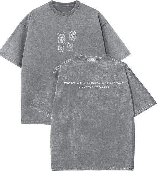 For We Walk By Faith, Not By Sight Unisex Washed T-Shirt, Christian Tshirts, Vintage 90s Graphic Tee, Gift Top Womenswear Cotton Mineral Color