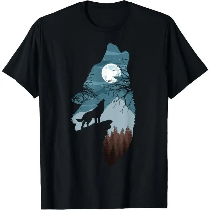 Forest with Full-Moon and Cliff Of Silhouette Howling Wolf T-Shirt Hoodie, Sweatshirt | DripVista.com