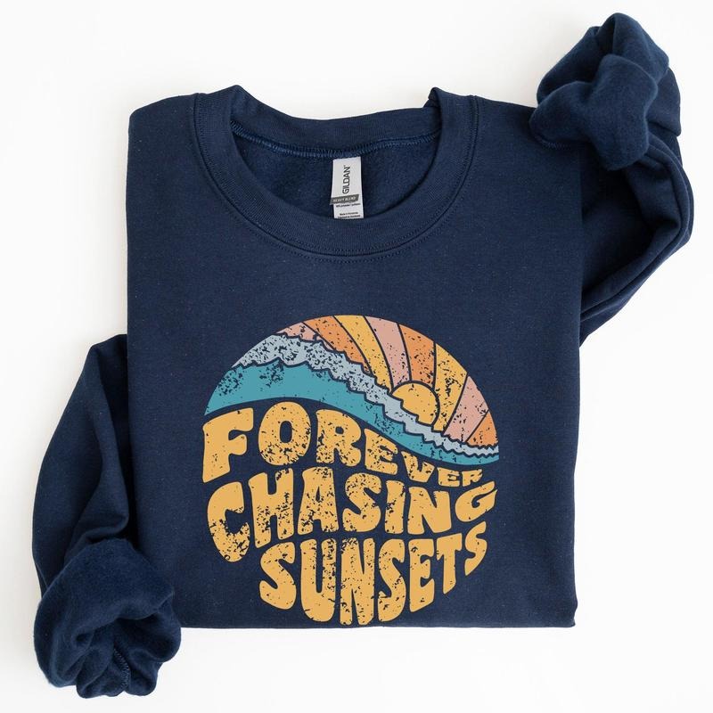 Forever Chasing Sunsets, Beach, Retro Sweatshirt, Women's Crew Neck, Crewneck T-Shirts, Hoodie | DripVista.com
