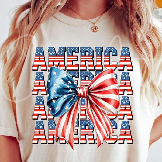 Fourth of July Sublimation, America with Coquette Style Bow, Patriotic T-Shirt