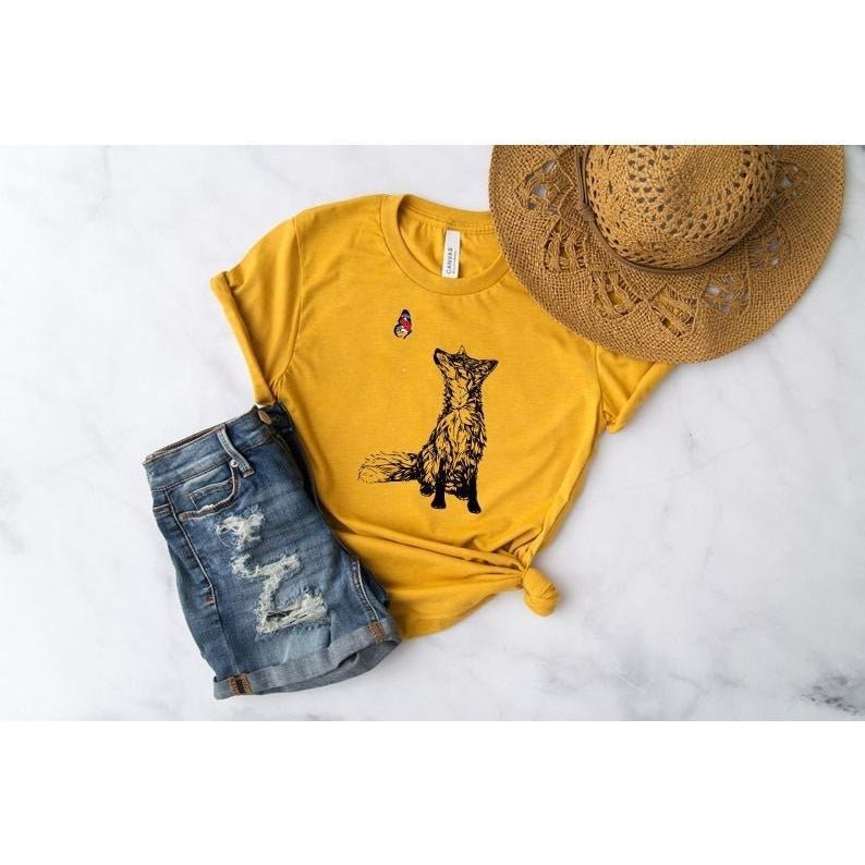 Fox And Butterfly T Shirt Hoodie Sweater Pure Cotton Nature Top Hand Drawn Graphic Tee Fitted Shirts For Women Fox And Butterfly