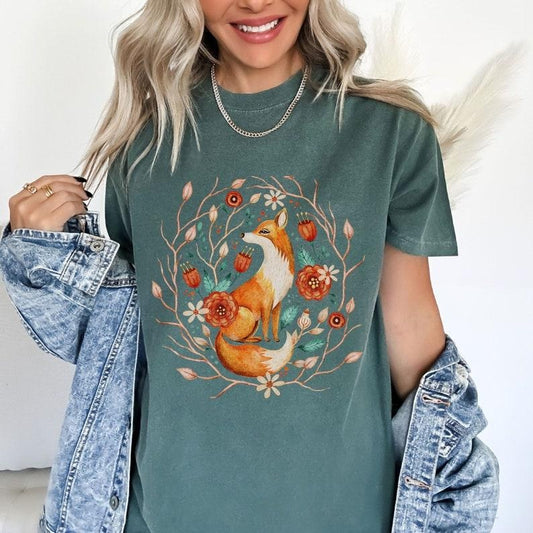 Fox Cottagecore T Shirt Hoodie Sweater, Boho Vintage Style Tee, Forestcore Shirt,Botanical Forest Animals, Folk Art Floral, Fox Lover Gift
