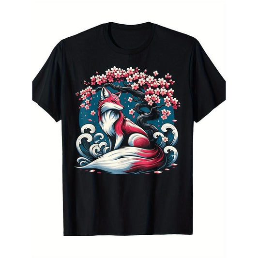 Fox Japan Nine tail Fox Cherry blossom 100% cotton T-shirt Made in USA